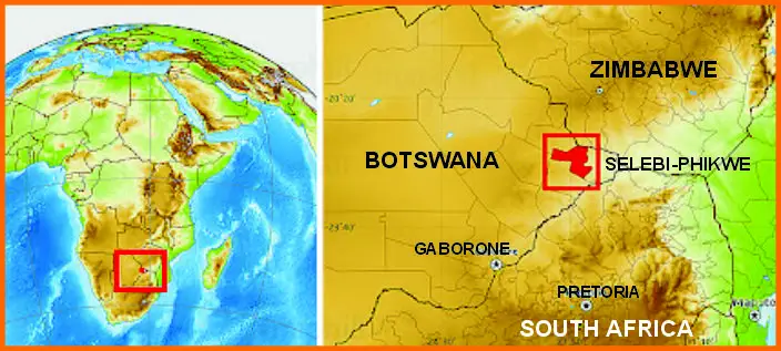 Location of Selebi-Phikwe in Eastern Botswana