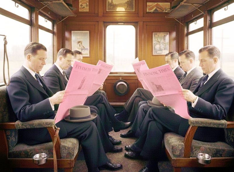 Keep calm and carry on! English commuters read the Financial Times (AI image from nano banana, prompted by the author).