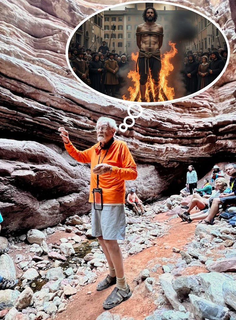In Blacktail Canyon, June 2025, John Wakefield points out the “Great Unconformity” and ponders the fate of Giordano Bruno