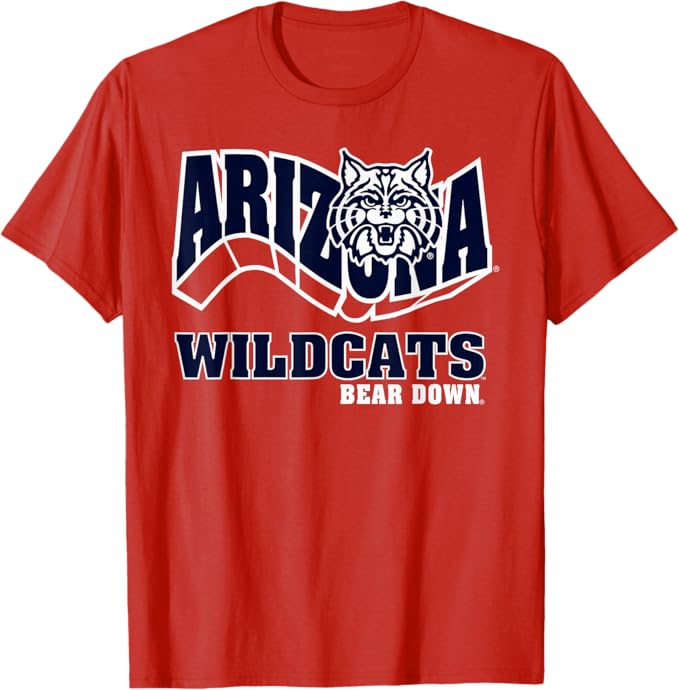 A high-quality photo of the Arizona Wildcats Retro Flashback Red Officially Licensed T-Shirt. The distressed red cotton shirt features the classic arching Arizona mascot logo with a soft, vintage screen-print texture, suitable for 1997 era fans.