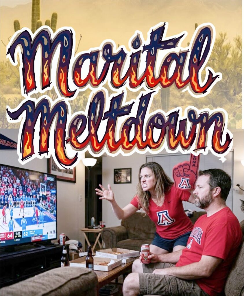 A humorous illustration of a tense couple. One partner in a '97 Wildcats jersey is shouting and glued to the TV broadcast of a game, while the other partner is staring in weary annoyance and domestic discord, ignoring the screen.