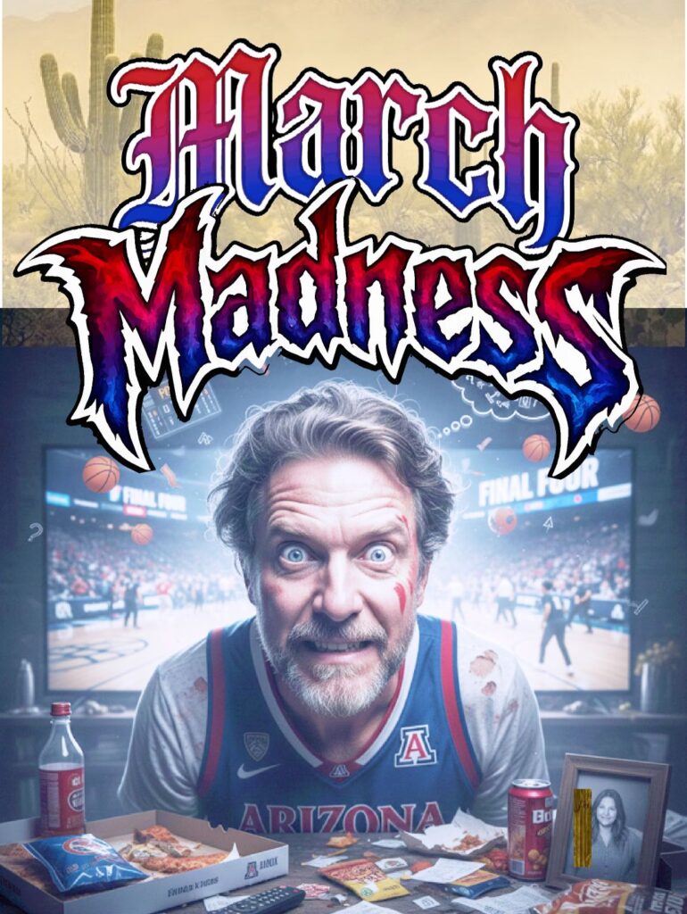 A digital painting depicting a fan collapsed on a sofa, eyes glazed, face-painted in red and blue, completely surrounded by empty pizza boxes, crumpled bracket sheets, and sports memorabilia, overwhelmed by the tournament.