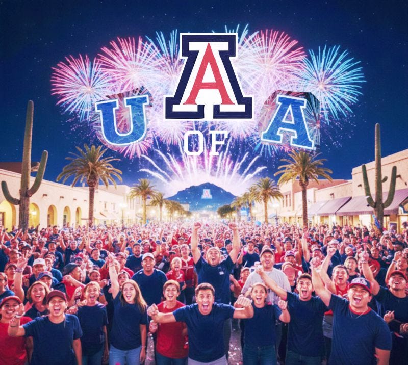 A vibrant digital illustration showing ecstatic Arizona Wildcat basketball fans in a crowded arena, cheering wildly under falling confetti, holding up red and blue pom-poms after a victory.