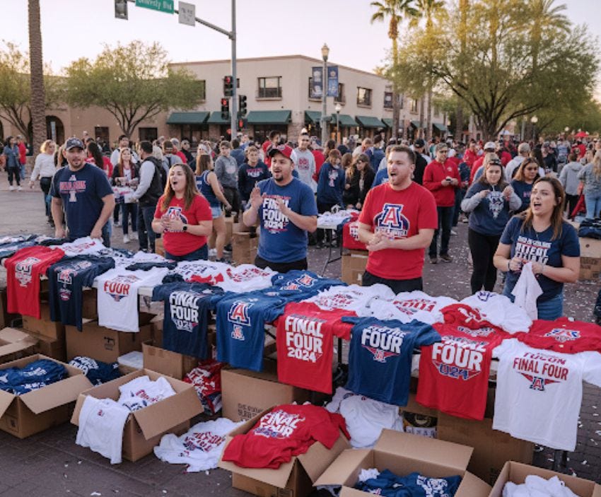 A satirical digital artwork of a distressed T-shirt vendor slumped miserably in a booth. He is completely buried under unsold, marked-down boxes of 'National Champions' apparel after an Arizona defeat, expressing Mark-Down Misery.