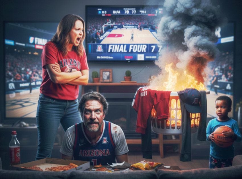 A humorous scene of a living room divided: one person is cheering intensely at a basketball game on TV while the other partner sits nearby looking exhausted and ignored.