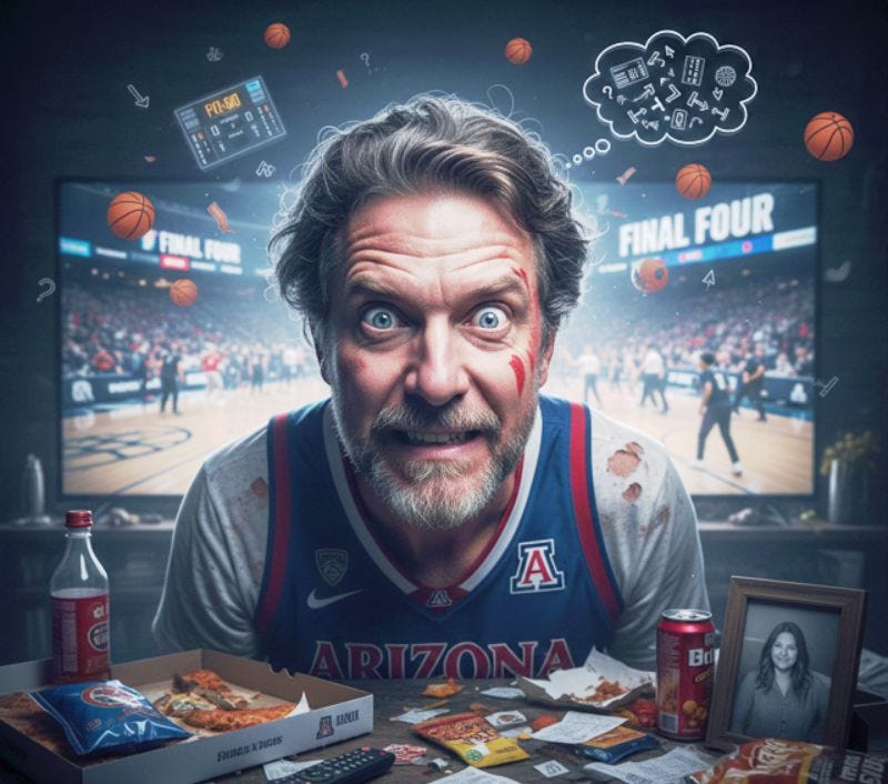 A surreal image of a basketball fan looking at a glowing TV screen in a dark room, with mathematical bracket formulas and “March Madness” symptoms floating in the air around them.