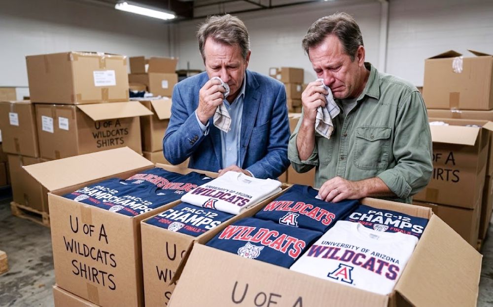 A satirical digital artwork of a distressed T-shirt vendor slumped miserably in a booth. He is completely buried under unsold, marked-down boxes of 'National Champions' apparel after an Arizona defeat, expressing Mark-Down Misery.
