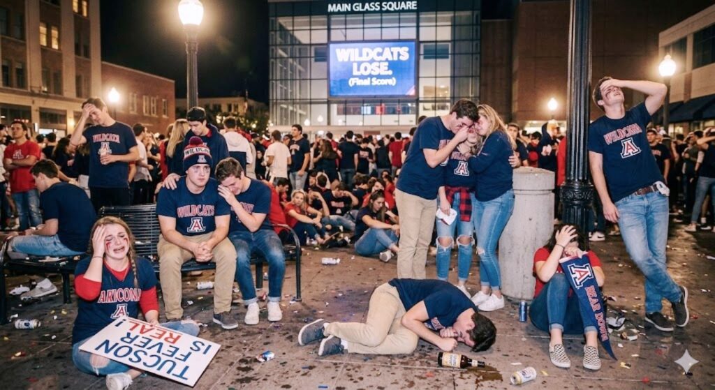 A dramatic digital painting of a crushed University of Arizona fan, wearing face paint and a Wildcats shirt, slumped forward on a bench in despair. His head is buried in his hands next to a crumpled, defeated bracket.
